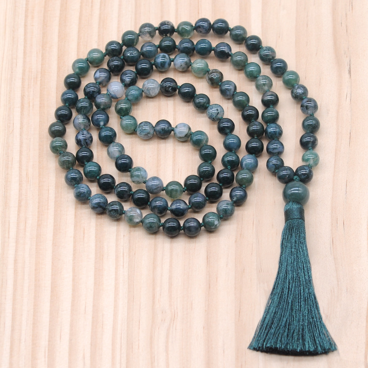 GMN131 Hand-Knotted Smooth Moss Agate 108 Beads Mala Necklace