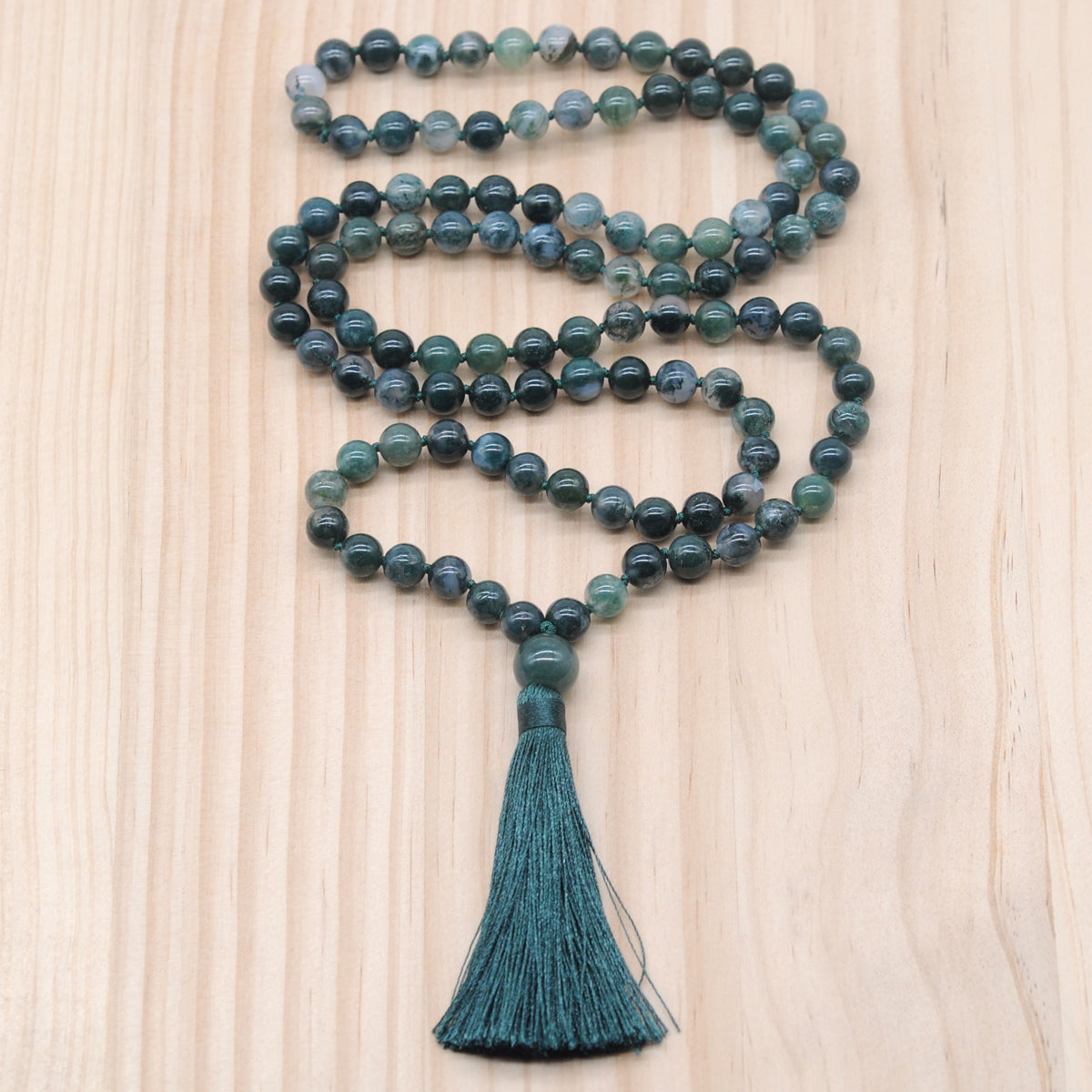 GMN131 Hand-Knotted Smooth Moss Agate 108 Beads Mala Necklace