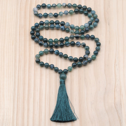 GMN131 Hand-Knotted Smooth Moss Agate 108 Beads Mala Necklace