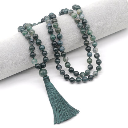 GMN131 Hand-Knotted Smooth Moss Agate 108 Beads Mala Necklace