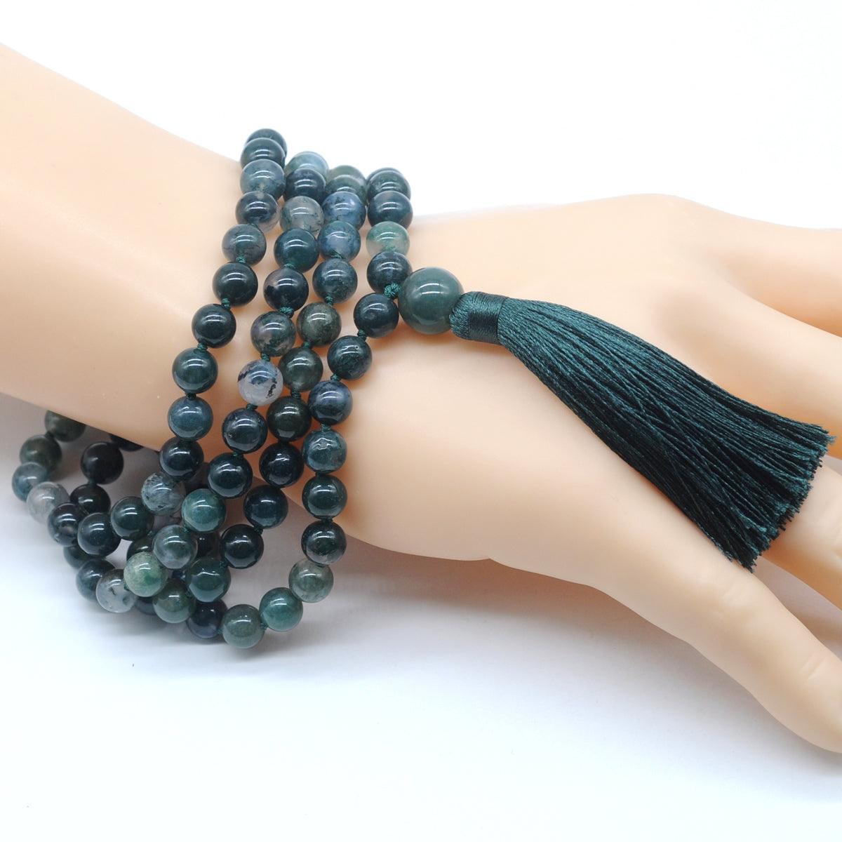 GMN131 Hand-Knotted Smooth Moss Agate 108 Beads Mala Necklace