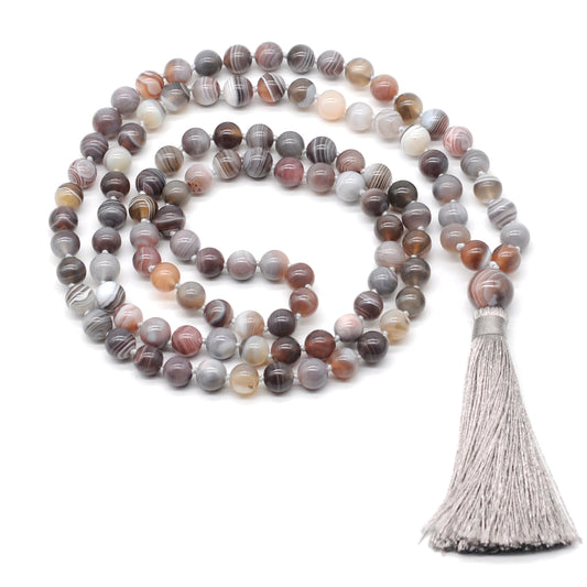 GMN133 Hand-Knotted Smooth Botswana Agate 108 Beads Mala Necklace