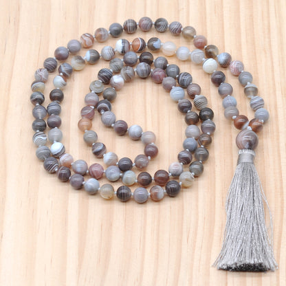 GMN133 Hand-Knotted Smooth Botswana Agate 108 Beads Mala Necklace