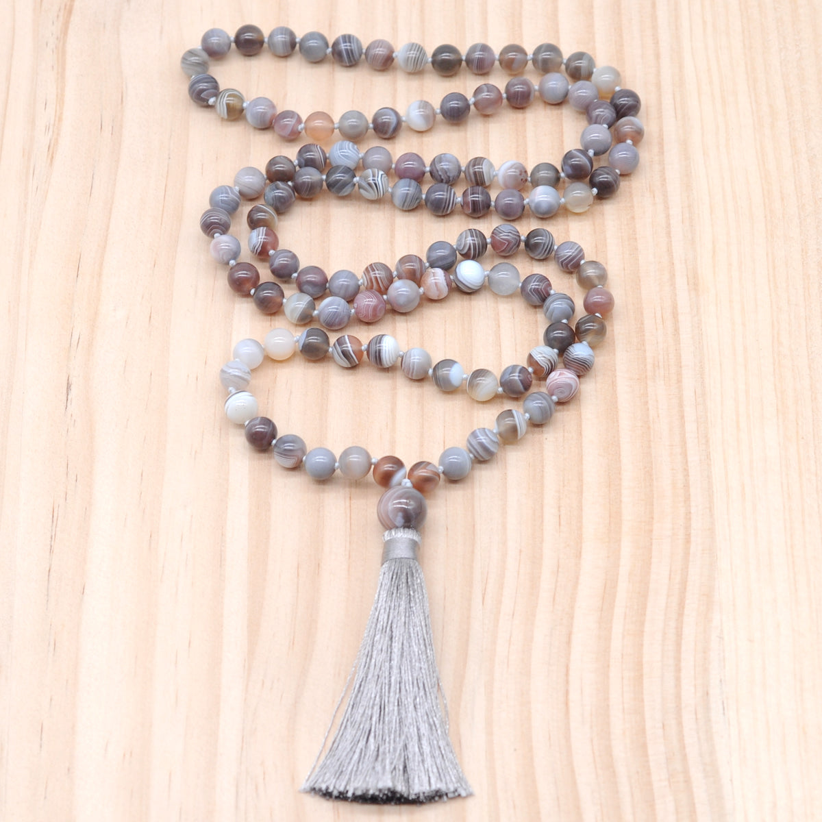 GMN133 Hand-Knotted Smooth Botswana Agate 108 Beads Mala Necklace