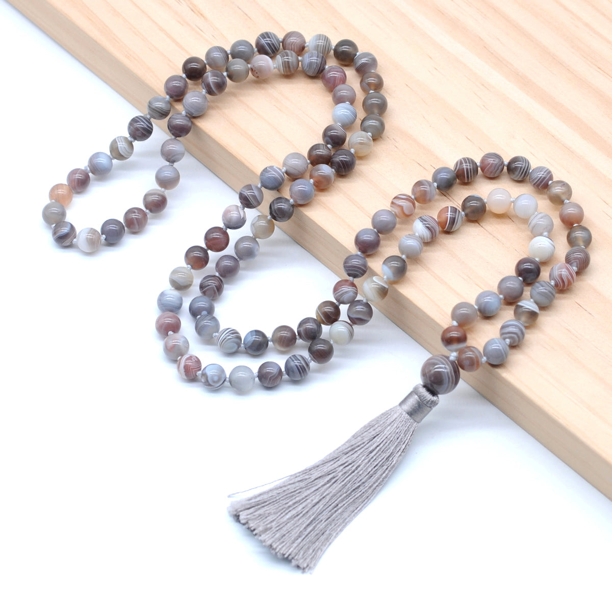 GMN133 Hand-Knotted Smooth Botswana Agate 108 Beads Mala Necklace