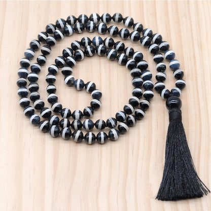 GMN136 Hand-Knotted Smooth Tibetan Agate 108 Beads Mala Necklace