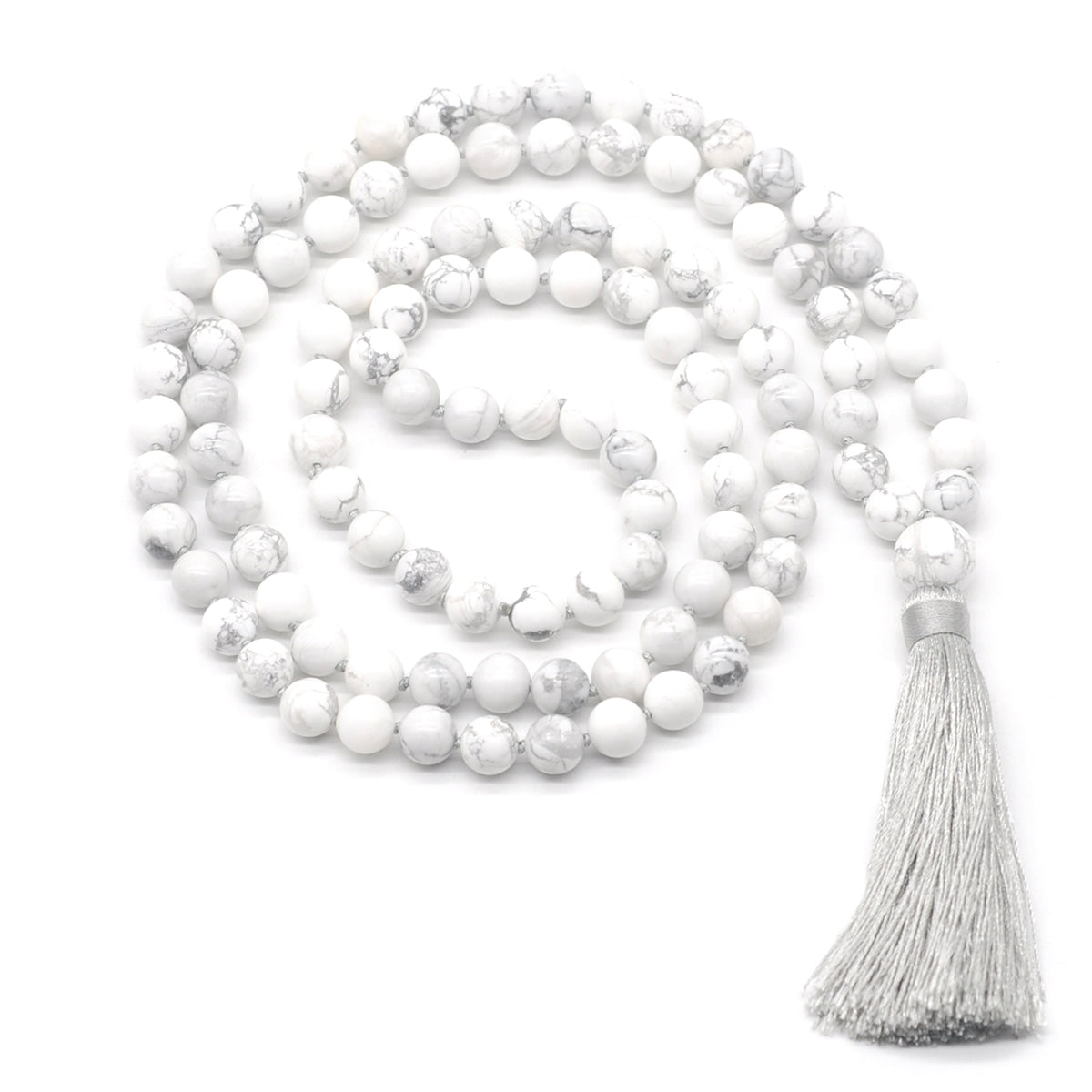 GMN138 Hand-Knotted Smooth White Howlite 108 Beads Mala Necklace