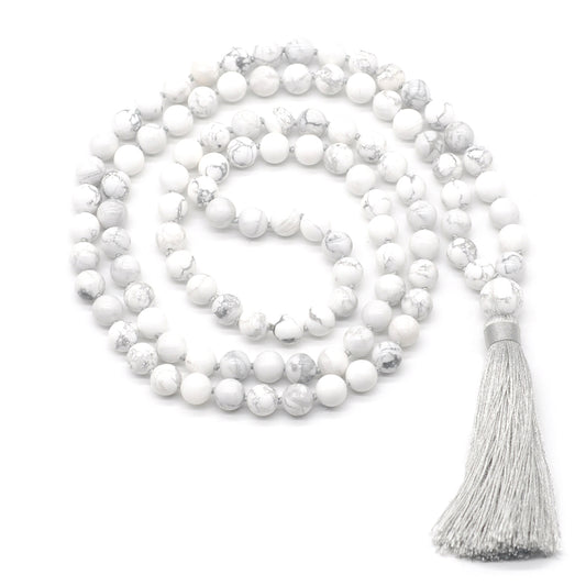 GMN138 Hand-Knotted Smooth White Howlite 108 Beads Mala Necklace