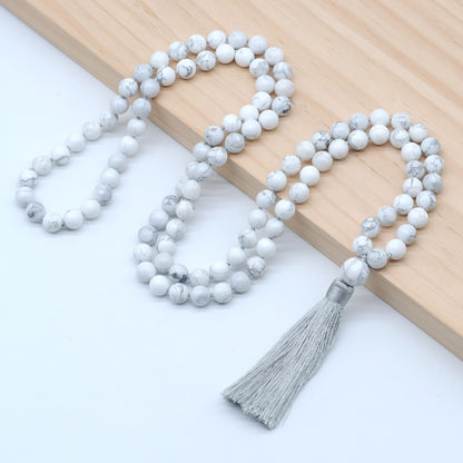 GMN138 Hand-Knotted Smooth White Howlite 108 Beads Mala Necklace