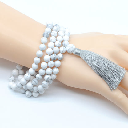 GMN138 Hand-Knotted Smooth White Howlite 108 Beads Mala Necklace