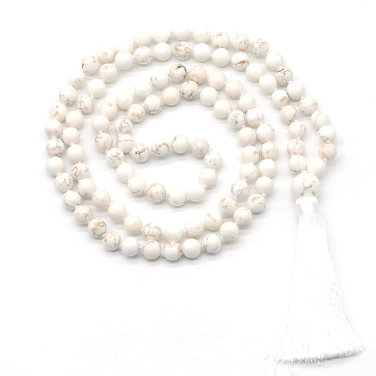 GMN139 Hand-Knotted Smooth White Howlite 108 Beads Mala Necklace