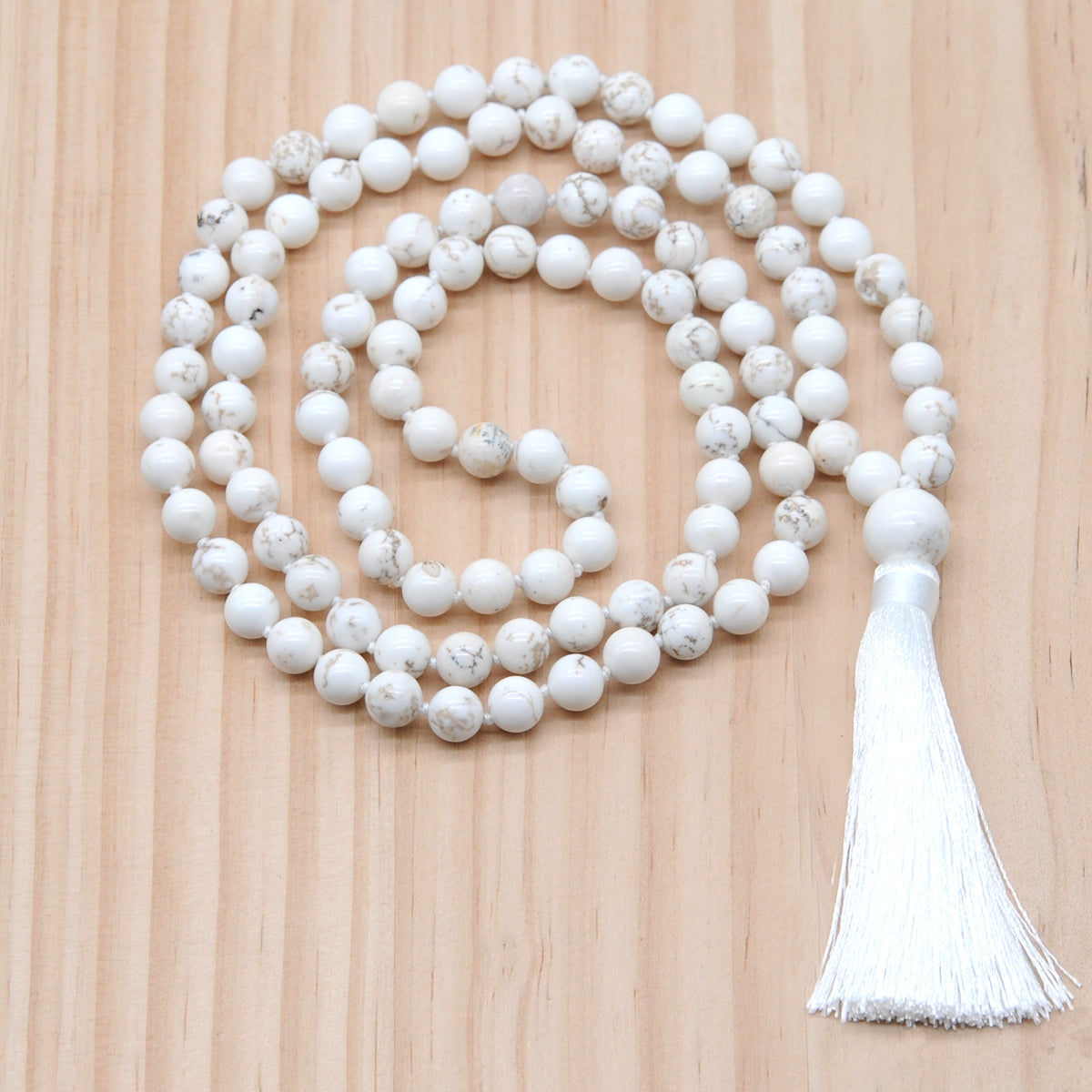 GMN139 Hand-Knotted Smooth White Howlite 108 Beads Mala Necklace