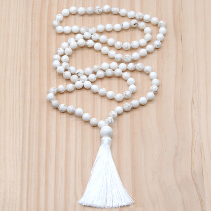 GMN139 Hand-Knotted Smooth White Howlite 108 Beads Mala Necklace