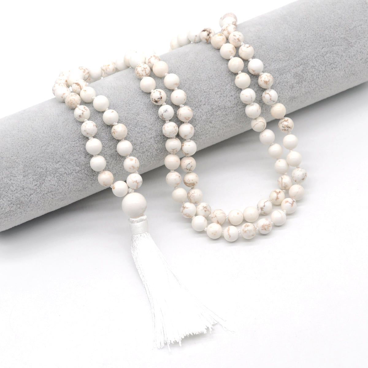 GMN139 Hand-Knotted Smooth White Howlite 108 Beads Mala Necklace