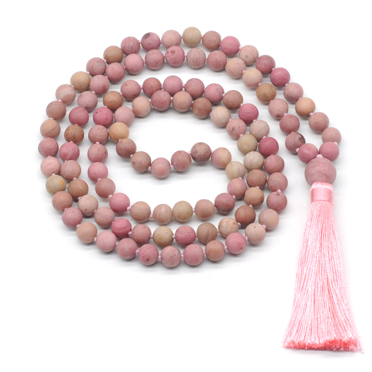 GMN14 Hand-Knotted Matte Pink Wooden Jasper 108 Beads Mala Necklace