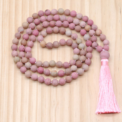 GMN14 Hand-Knotted Matte Pink Wooden Jasper 108 Beads Mala Necklace