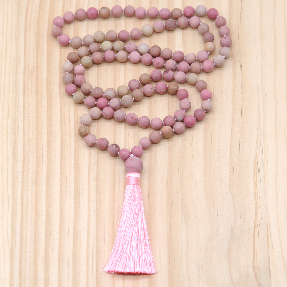 GMN14 Hand-Knotted Matte Pink Wooden Jasper 108 Beads Mala Necklace