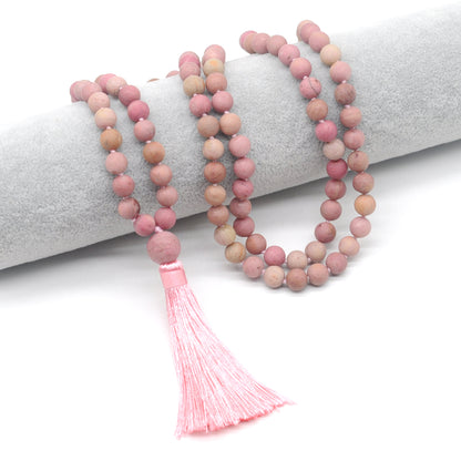 GMN14 Hand-Knotted Matte Pink Wooden Jasper 108 Beads Mala Necklace