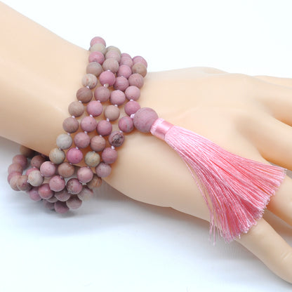 GMN14 Hand-Knotted Matte Pink Wooden Jasper 108 Beads Mala Necklace