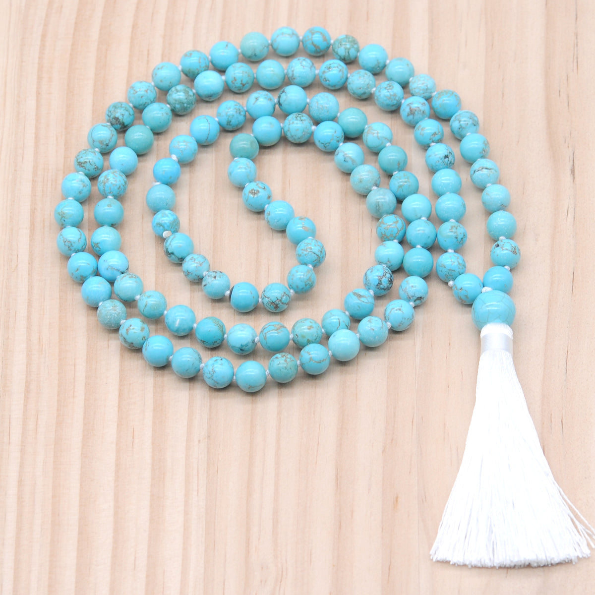 GMN140 Hand-Knotted Smooth Blue Howlite 108 Beads Mala Necklace