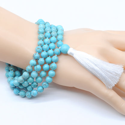 GMN140 Hand-Knotted Smooth Blue Howlite 108 Beads Mala Necklace