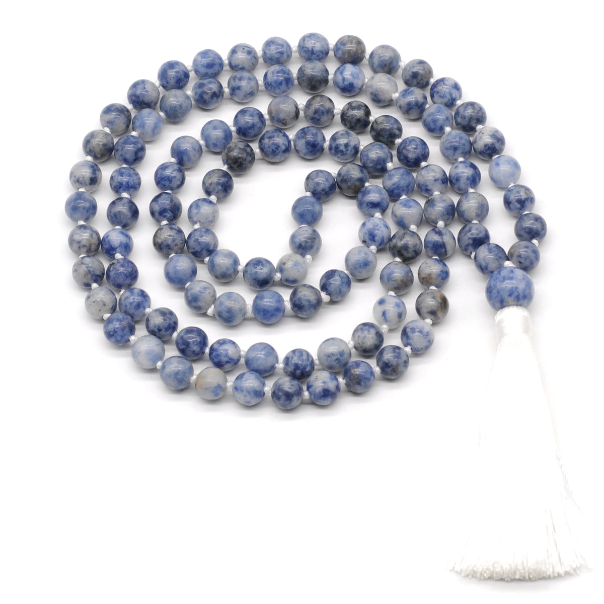 GMN141 Hand-Knotted Smooth Blue Spot Stone 108 Beads Mala Necklace