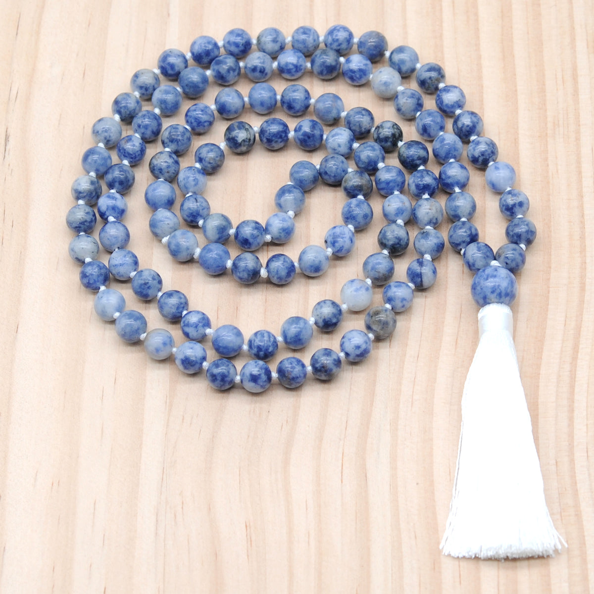 GMN141 Hand-Knotted Smooth Blue Spot Stone 108 Beads Mala Necklace