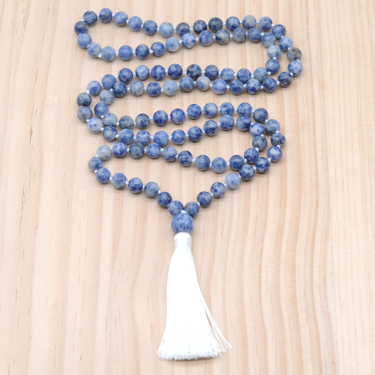 GMN141 Hand-Knotted Smooth Blue Spot Stone 108 Beads Mala Necklace