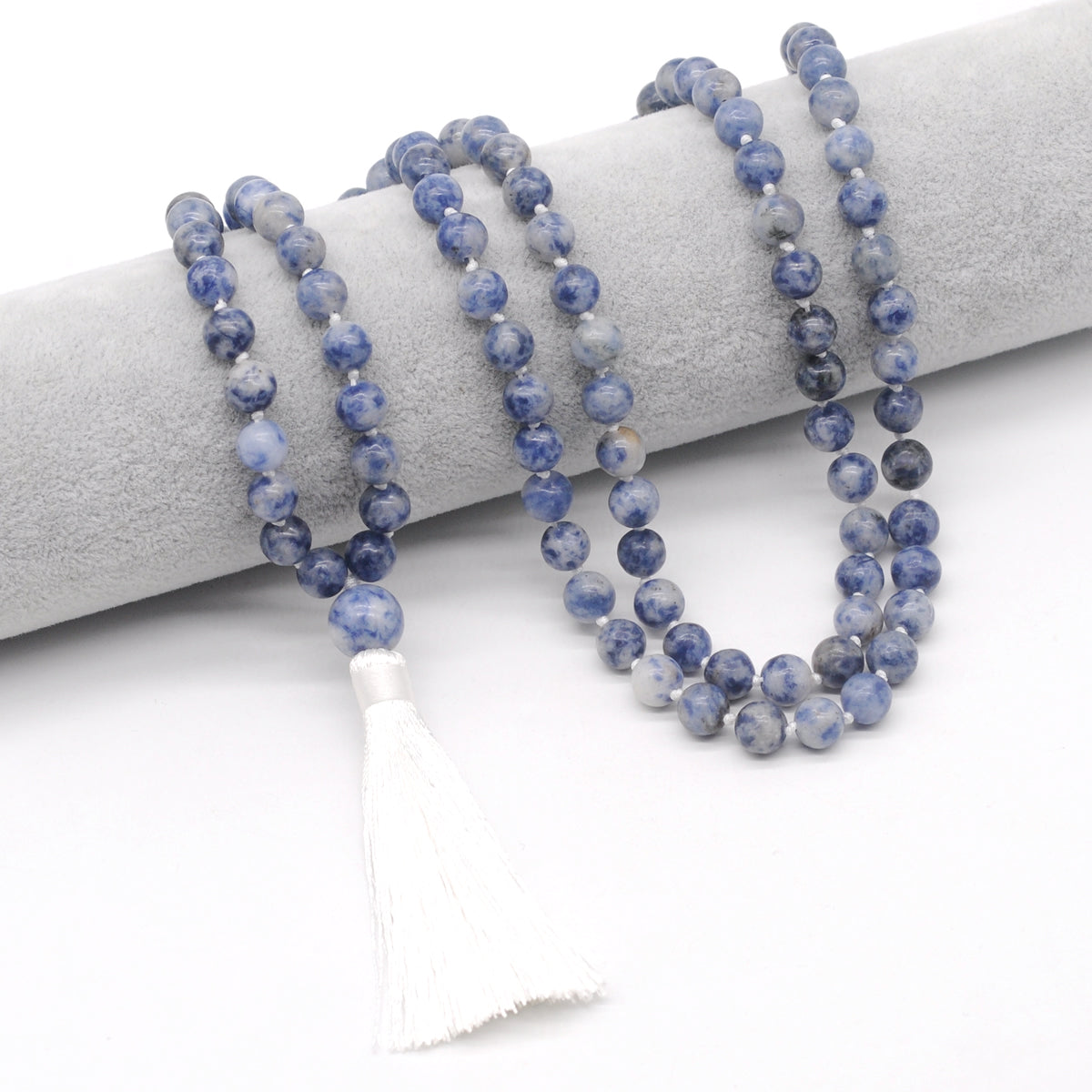 GMN141 Hand-Knotted Smooth Blue Spot Stone 108 Beads Mala Necklace