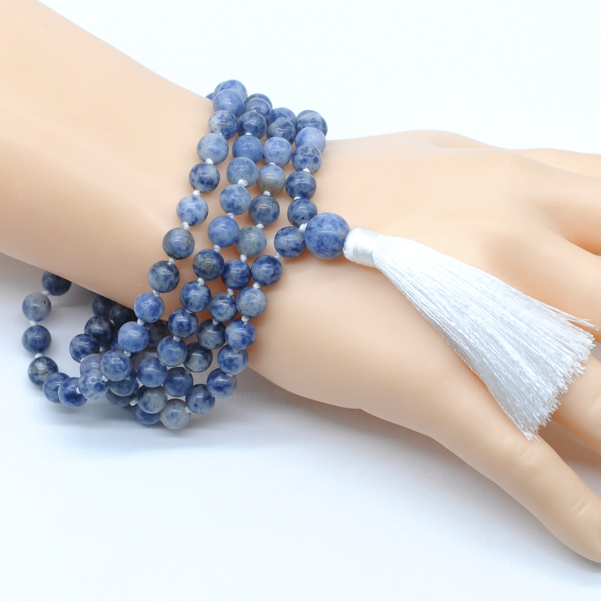 GMN141 Hand-Knotted Smooth Blue Spot Stone 108 Beads Mala Necklace