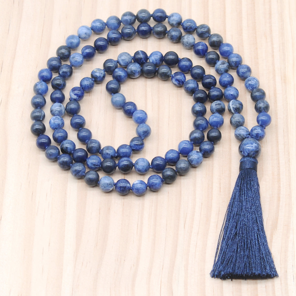 GMN142 Hand-Knotted Smooth Sodalite Gemstone 108 Beads Mala Necklace