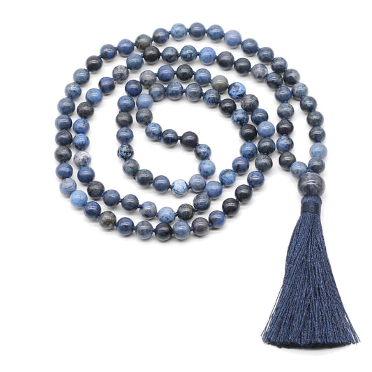 GMN143 Hand-Knotted Smooth Dumortierite 108 Beads Mala Necklace