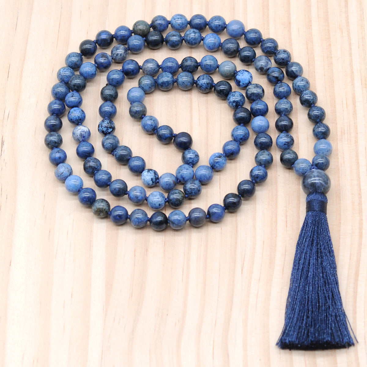 GMN143 Hand-Knotted Smooth Dumortierite 108 Beads Mala Necklace