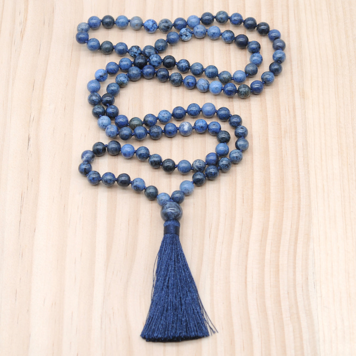 GMN143 Hand-Knotted Smooth Dumortierite 108 Beads Mala Necklace