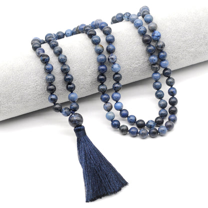 GMN143 Hand-Knotted Smooth Dumortierite 108 Beads Mala Necklace