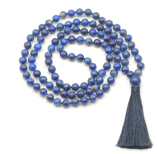 GMN144 Hand-Knotted Smooth Lapis Lazuli 108 Beads Mala Necklace