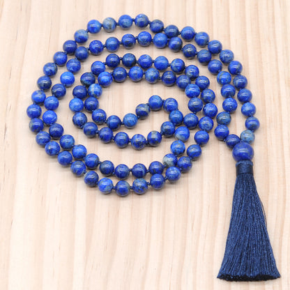 GMN144 Hand-Knotted Smooth Lapis Lazuli 108 Beads Mala Necklace