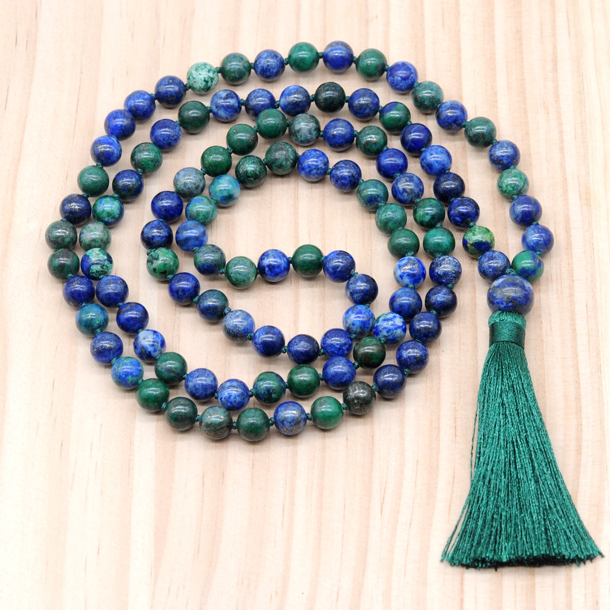 GMN145 Hand-Knotted Smooth Chrysocolla Gemstone 108 Beads Mala Necklace