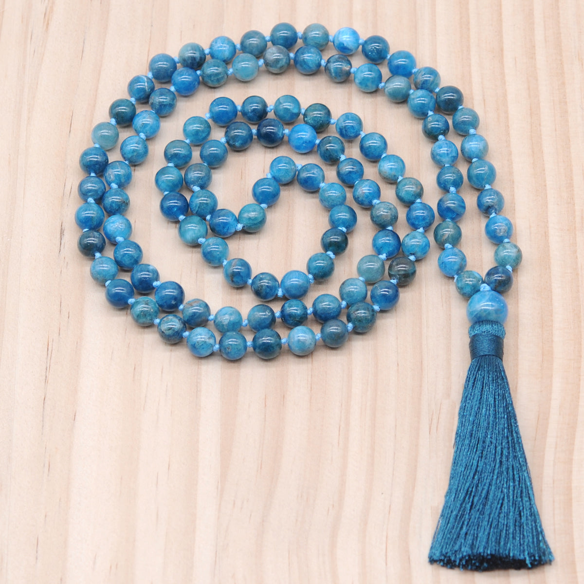 GMN146 Hand-Knotted Smooth Apatite Gemstone 108 Beads Mala Necklace