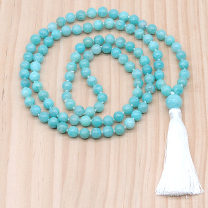 GMN147 Hand-Knotted Smooth Amazonite Gemstone 108 Beads Mala Necklace