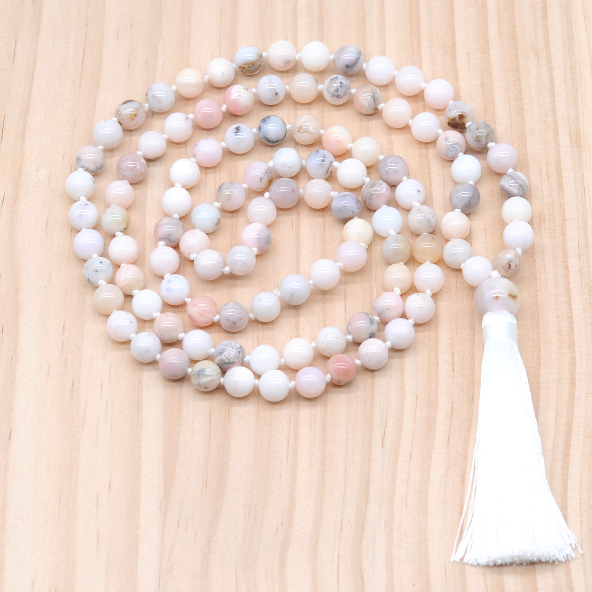 GMN148 Hand-Knotted Smooth Pink Opal 108 Beads Mala Necklace