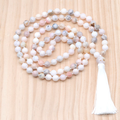 GMN148 Hand-Knotted Smooth Pink Opal 108 Beads Mala Necklace