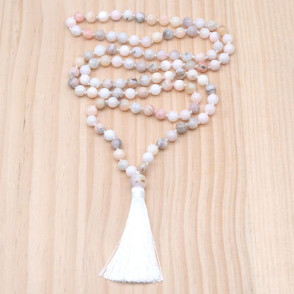 GMN148 Hand-Knotted Smooth Pink Opal 108 Beads Mala Necklace