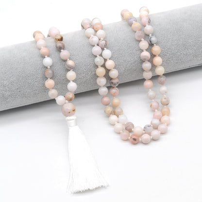 GMN148 Hand-Knotted Smooth Pink Opal 108 Beads Mala Necklace