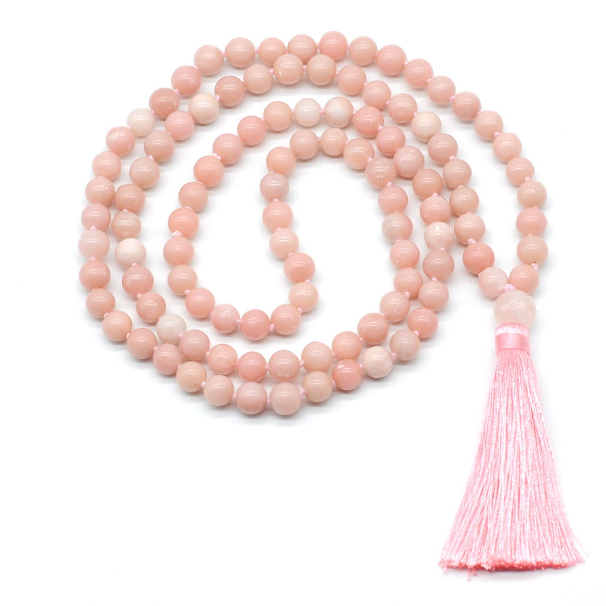 GMN149 Hand-Knotted Smooth Chinese Pink Opal 108 Beads Mala Necklace