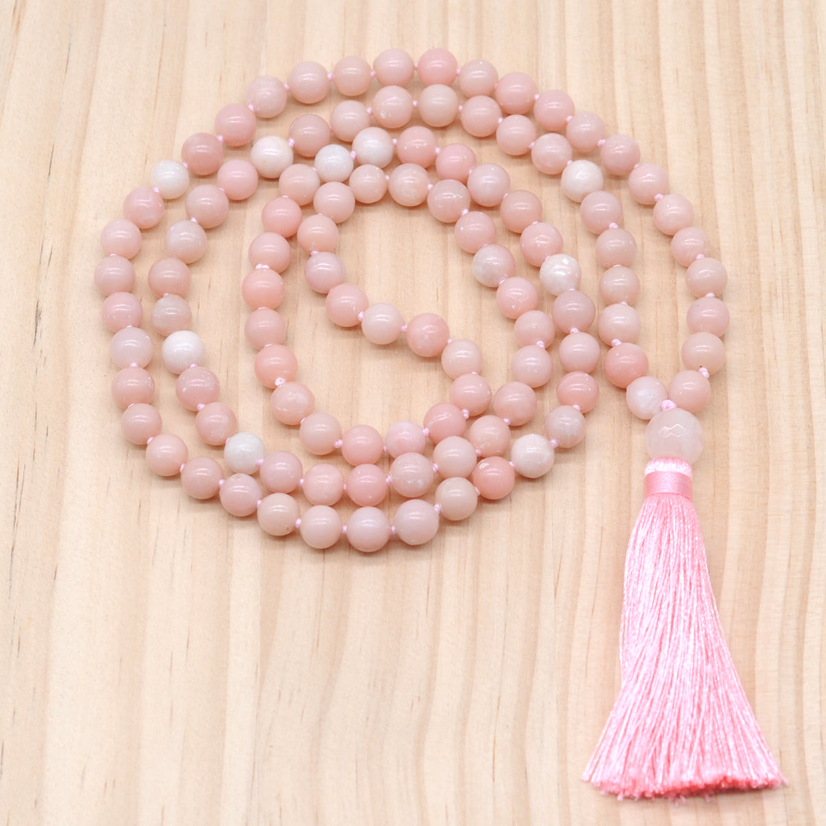 GMN149 Hand-Knotted Smooth Chinese Pink Opal 108 Beads Mala Necklace