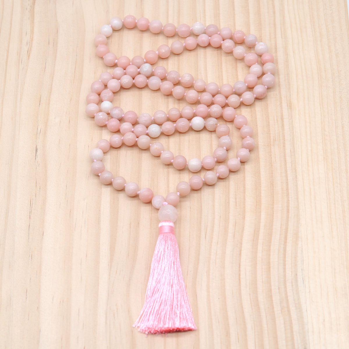 GMN149 Hand-Knotted Smooth Chinese Pink Opal 108 Beads Mala Necklace