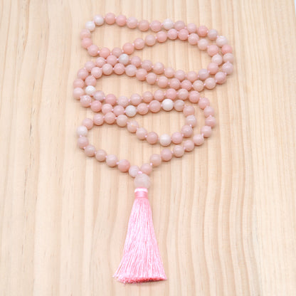 GMN149 Hand-Knotted Smooth Chinese Pink Opal 108 Beads Mala Necklace