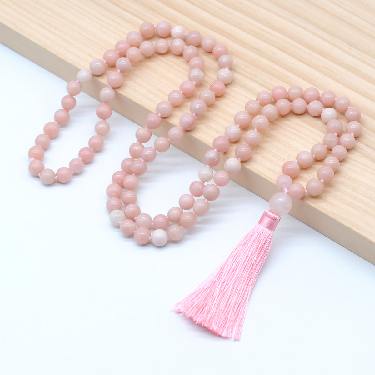 GMN149 Hand-Knotted Smooth Chinese Pink Opal 108 Beads Mala Necklace