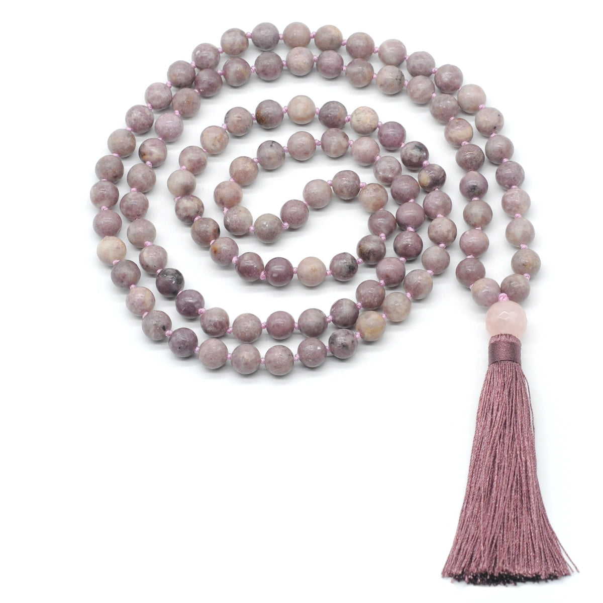 GMN150 Hand-Knotted Smooth Lepidolite Gemstone 108 Beads Mala Necklace